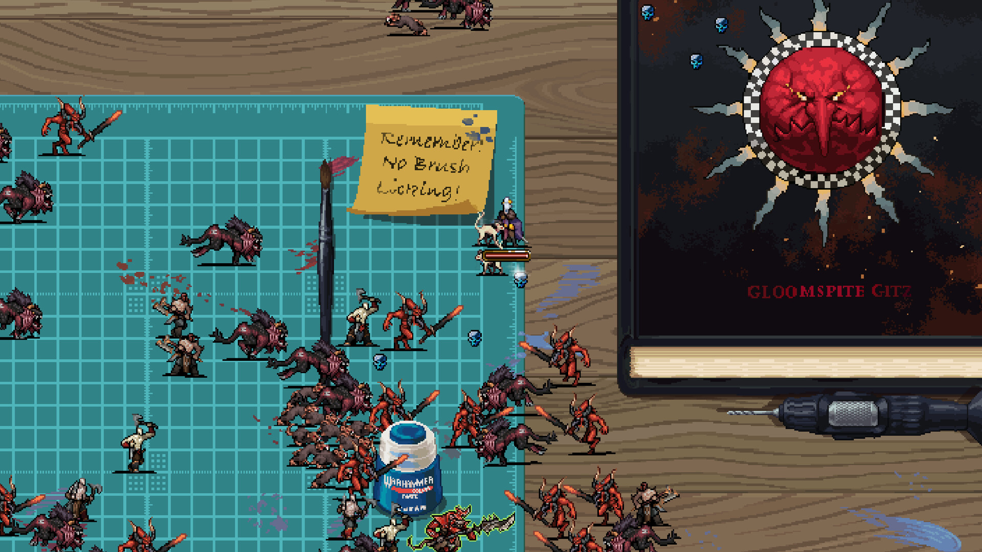 Warhammer Survivors pixel-art screenshot: a tabletop-style stage on a cutting mat beside a paint pot.