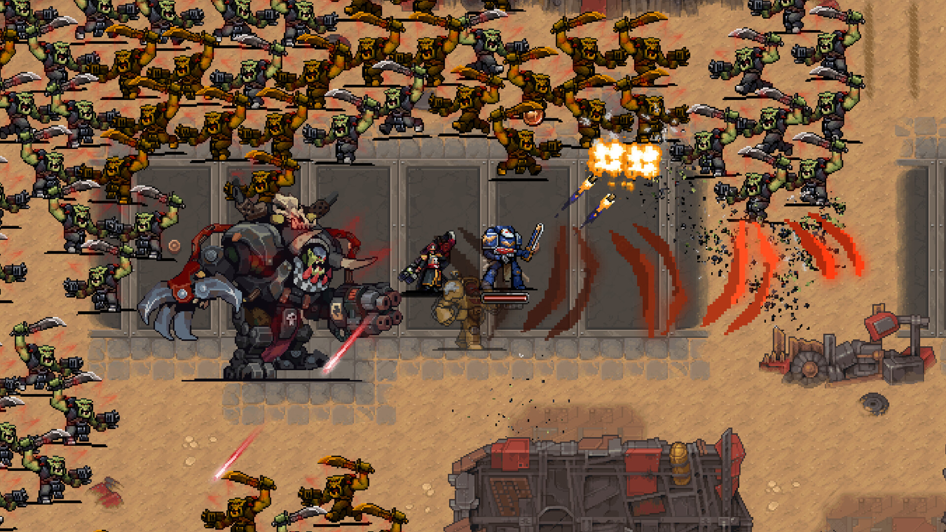 Warhammer Survivors pixel-art screenshot: a large armored boss in a desert arena.